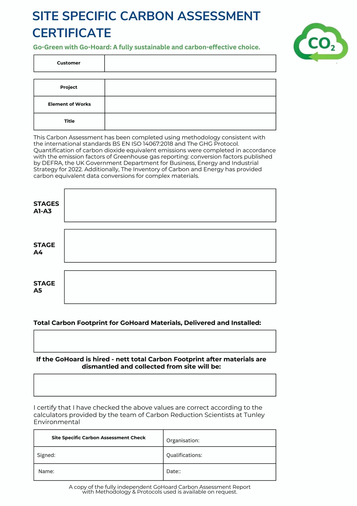 Go-Hoard site specific carbon assessment certificate